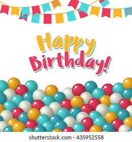 Greeting card template - Colorful pattern with a lot of gumballs, mixed colors. Vector birthday background. Bright game background with glossy balls.