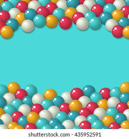 Greeting card template - Colorful pattern with a lot of gumballs, mixed colors. Vector birthday background. Bright game background with glossy balls.