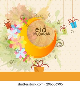 A greeting card template with colourful moon - 'Eid Mubarak'