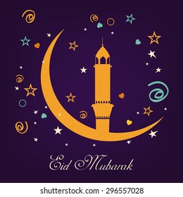 A greeting card template with colourful moon - 'Eid Mubarak'