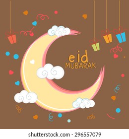 A greeting card template with colourful moon - 'Eid Mubarak'