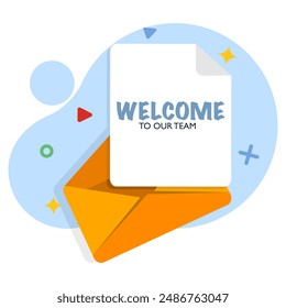 greeting card template concept, welcome to our team, new team member, welcome word, greeting concept, Join our team sign. Flat style. Vector icon, graphic element for landing page, ui, banner.