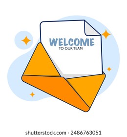 greeting card template concept, welcome to our team, new team member, welcome word, greeting concept, Join our team sign. Flat style. Vector icon, graphic element for landing page, ui, banner.