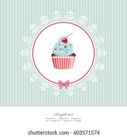 Greeting card template with cupcake. For birthday, scrapbook or bakery design.