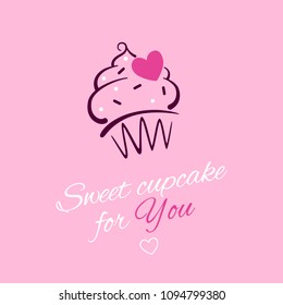 Greeting card template with cupcake illustration, pink heart and typographic text on the pink background