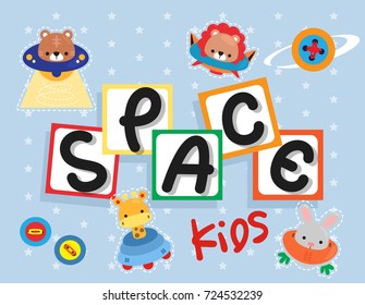 Greeting Card Template With Cute Animal Astronauts Riding A Spaceship Vector Illustration.
