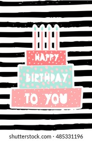 Greeting card template with a cute birthday cake with candles on striped pattern background.