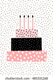 Greeting card template with a cute birthday cake with candles on dots pattern background.