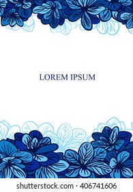 Greeting card template with cute blue flowers. Ivitation card with blue flowers. Wedding invitation.