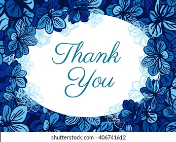 Greeting card template with cute blue flowers. Thank you card with blue flowers. Wedding invitation.