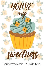 Greeting card template with Cute cartoon cupcake for birthday, valentines day, scrapbook or bakery design postcard, poster or banner