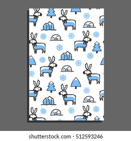 Greeting card template with cute cartoon reindeer. Vector doodle caribou, snowflakes, and icebergs. Arctic animal wears scarf