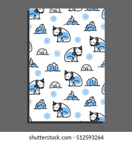 Greeting card template with cute cartoon polar bear. Vector doodle bears, and icebergs. Arctic animal wears scarf