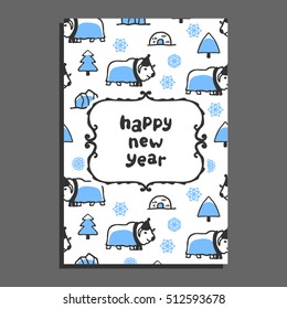 Greeting card template with cute cartoon penguin. Vector doodle penguins, igloo and icebergs. Arctic animal wears scarf