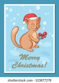 greeting card template with cute cartoon happy cat character in red Santa Claus hat holding or giving fish with ribbon bow gift. Merry Christmas postcard vector illustration
