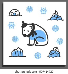 Greeting card template with cute doodle polar bear, igloo, snowflakes, icebergs. Cartoon vector illustration isolated on white