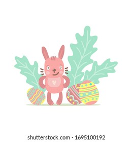 Greeting card template with cute Easter bunny isolated on white background. Holiday vector illustration. Flat design style.