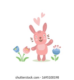 Greeting card template with cute Easter rabbit isolated on white background. Holiday vector illustration. Flat design style.