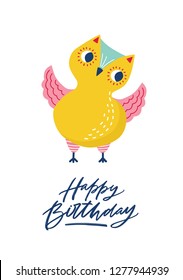 Greeting card template with cute funny owl or owlet and Happy Birthday inscription written with cursive calligraphic font. Festive postcard with adorable forest bird. Flat colored vector illustration.