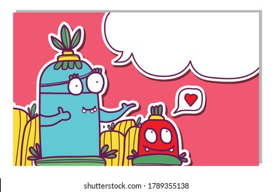 greeting card template with cute hand drawn monster vector illustration