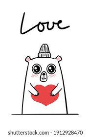 Plantilla de tarjeta de felicitación. Un animal dibujado a mano tierno sostiene un corazón. Feliz diseño de postales del Día de San Valentín. Adecuado para impresiones, tarjetas o carteles de camisetas. Ilustración del vector EPS10
