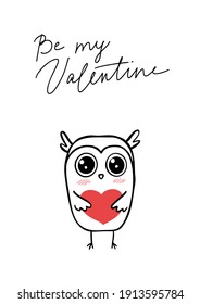 Greeting card template. Cute hand drawn owl holds a heart. Happy Valentine's Day postcard design. Suitable for t-shirt prints, cards or posters. Vector illustration EPS10