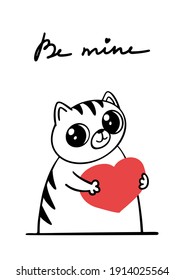 Greeting card template. Cute hand drawn cat holds a heart. Happy Valentine's Day postcard design. Suitable for t-shirt prints, cards or posters. Vector illustration EPS10