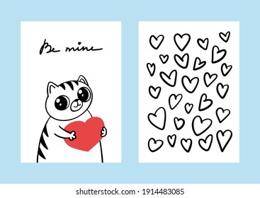 Plantilla de tarjeta de felicitación. El gato dibujado a mano tiene un corazón. Resumen de antecedentes con corazones. Feliz diseño de postales del Día de San Valentín. Ilustración del vector EPS10