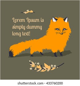 Greeting card template with cute red cartoon fox with autumn branches on olive background.