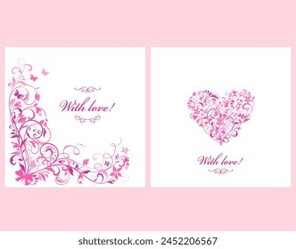 Greeting card template for mother’s day, birthday congratulations, wedding invitations, beauty salon signboard with floral abstract pink pattern, flowers bouquet in heart shape