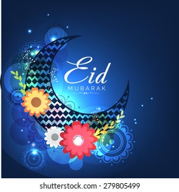 A greeting card template with decorated moon- 'Eid Mubarak'