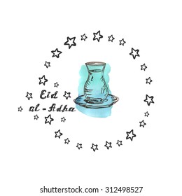 Greeting Card template design for muslim holiday Feast of the Sacrif (Eis al-Adha) with stars and hand drawn arabic cup in a circle on watercolor background. Vector illustration.