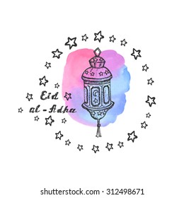 Greeting Card template design for muslim holiday Feast of the Sacrif (Eis al-Adha) with stars and hand drawn lamp in a circle on watercolor background. Vector illustration.