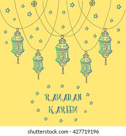 Greeting Card template design for muslim holiday RAMADAN KAREEM with stars and hand drawn lamp on white background with blue lamps on yellow background. Vector illustration.