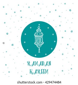 Greeting Card template design for muslim holiday RAMADAN KAREEM with stars and hand drawn lamp in a circle on white background. Vector illustration.