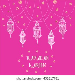 Greeting Card template design for muslim holiday RAMADAN KAREEM with stars and hand drawn blue lamp on pink  background. Vector illustration. RAMADAM MUBARAK, ramadan holidays in muslim countries