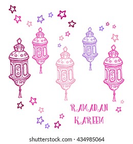 Greeting Card template design for Muslim holiday RAMADAN KAREEM with stars and hand drawn pink lamp on white background. Vector illustration. Arabic holiday. 