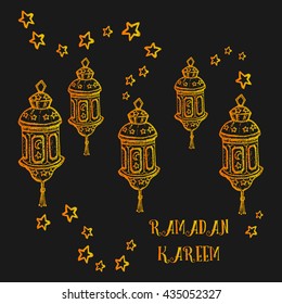 Greeting Card template design for muslim holiday RAMADAN KAREEM with stars and hand drawn gold yellow lamp on black background. Vector illustration. Islamic holiday.