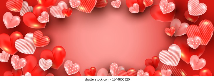 Greeting card template design with place for text. A lot of red heart shapes decor in the air on a red background.
