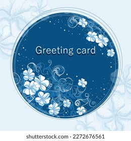 Greeting card template design with white cherry blossoms on round blue background and curlicues. Vector image. Hand-drawn spring flowers in Japanese style with frame and place for text.