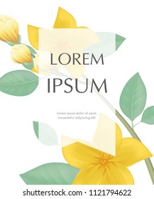 Greeting card template design with yellow flowers on white background with transparent frame. Wedding, Valentine Day, spring sale. Event concept. Can be used for invitation, flyer, brochure