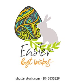 Greeting card template with doodle egg and rabbit. Happy Easter, best wishes lettering