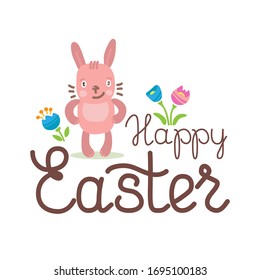 Greeting card template with Easter bunny isolated on white background. Holiday vector illustration. Flat design style.
