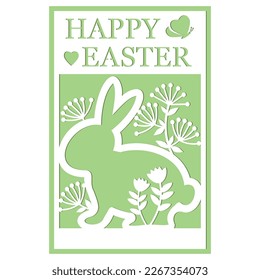 Greeting card template with Easter bunny, papercut style paper cutting, vector illustration