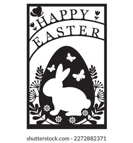 Greeting card template with Easter bunny, papercut style paper cutting, vector illustration