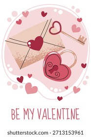 Greeting card template with envelope, lock and key in flat style. Valentine's day, love letter, wedding, anniversary, proposal. Secret love concept. For invitation, social media, banner, romantic gift