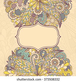 Greeting card template. Floral pattern. Hand drawn texture with flowers. Ornate background can be used for web page background, wallpaper, card, postcard, invitation, poster, cover, banner, sticker.