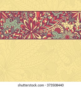Greeting card template. Floral pattern. Hand drawn texture with flowers. Ornate background can be used for web page background, wallpaper, card, postcard, invitation, poster, cover, banner, sticker.