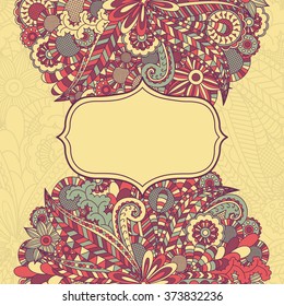 Greeting card template. Floral pattern. Hand drawn texture with flowers. Ornate background can be used for web page background, wallpaper, card, postcard, invitation, poster, cover, banner, sticker.