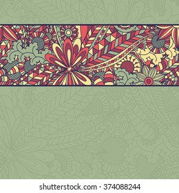 Greeting card template. Floral pattern. Hand drawn texture with flowers. Ornate background can be used for web page background, wallpaper, card, postcard, invitation, poster, cover, banner, sticker.